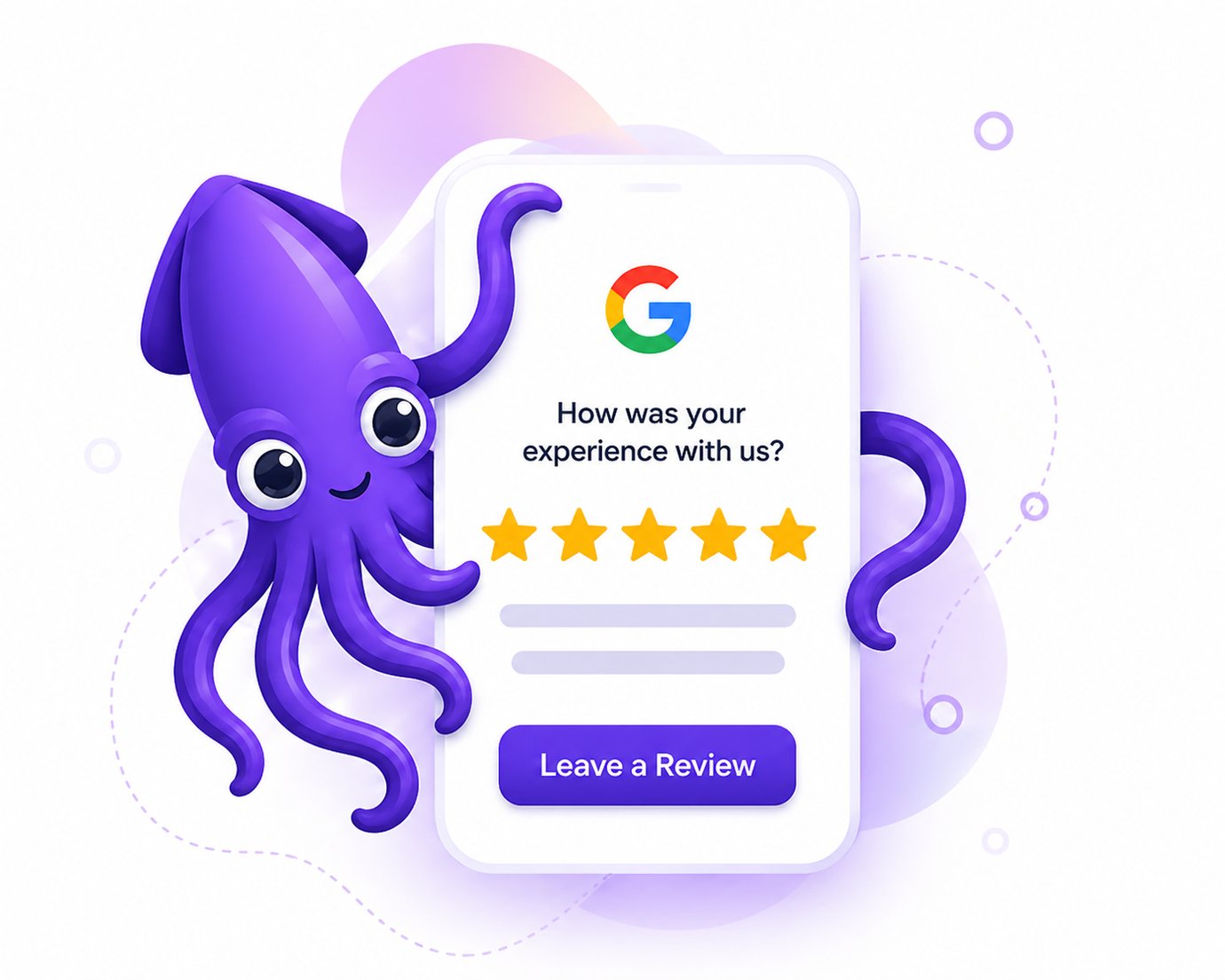 A purple squid mascot holding a phone displaying a Google review request with five stars and a Leave a Review button