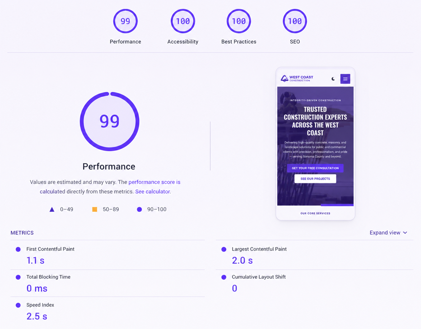 Google PageSpeed Insights showing 95+ performance score